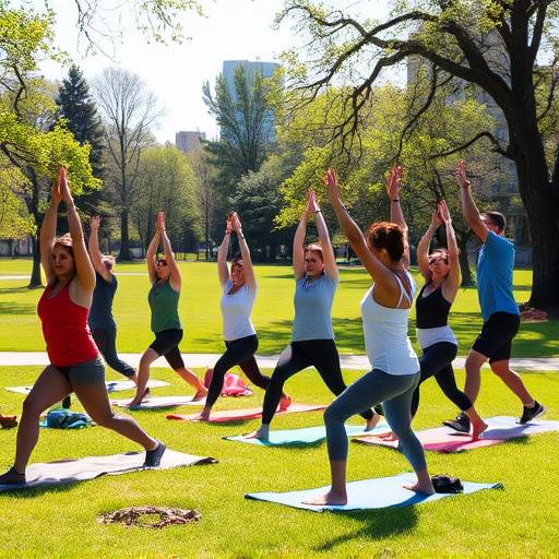 A group of diverse individuals practicing yoga outdoors in a park, promoting healthy living.
