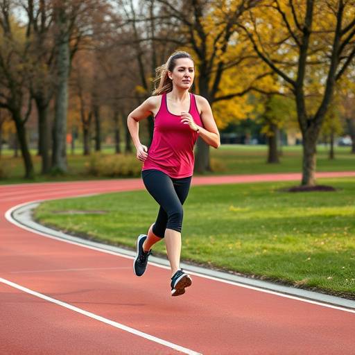 A person running on a track in a park, illustrating fitness and exercise.