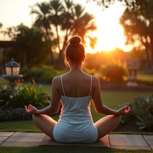 A woman meditating in a serene garden at sunrise.