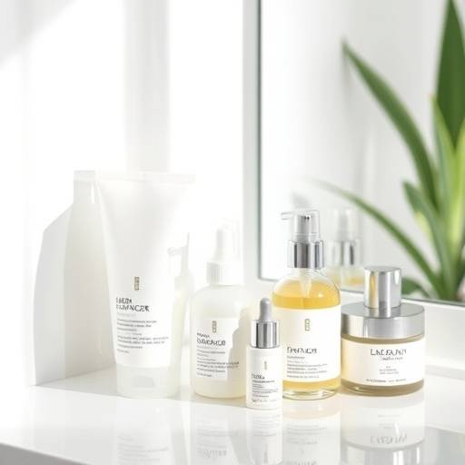 Selection of various skincare products including cleanser, toner, serum, and moisturizer displayed on a white countertop.